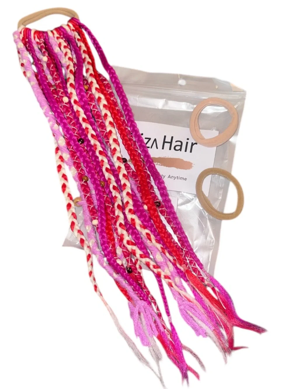 Boho Braided Ponytail Hair Extensions with Beads, Festival Pink Blend